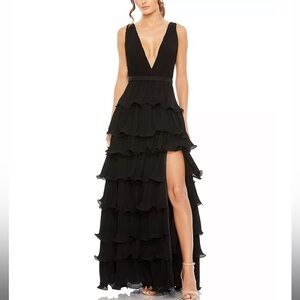 Mac Duggal Sleeveless Ruffle Tiered V Neck Gown